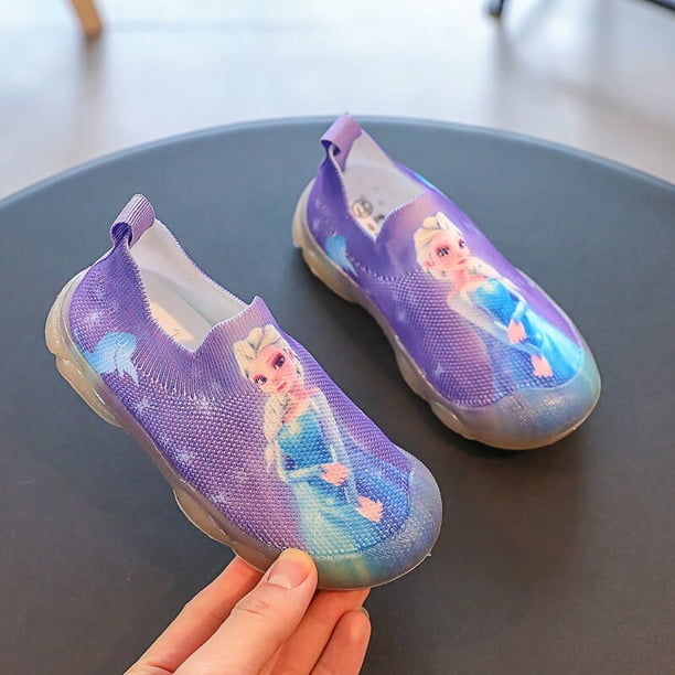 Zapatos de baile de princesa púrpura congelada para niñas de Disney, zapatos informales para estudiantes escolares suaves de dibujos animados, talla europea 22-3129 Gao Jinjia LED