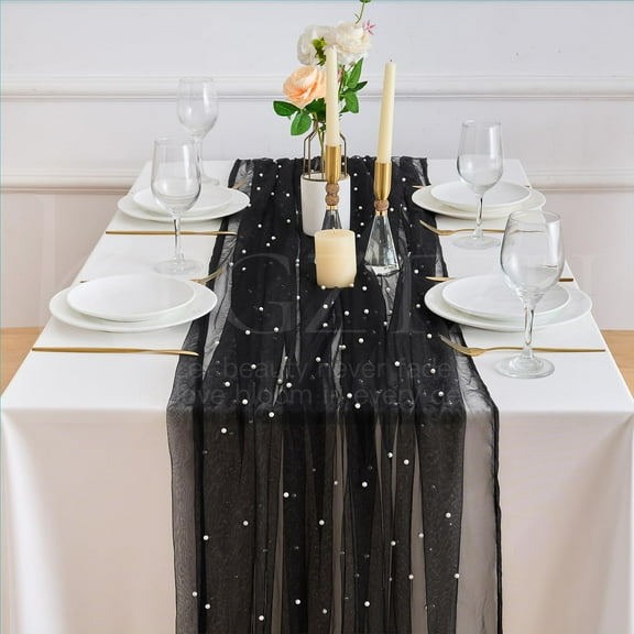 Pearl tablecloth Wedding Decor:Pearl Chiffon Table Runner Embellished Sheer Tablecloth for Engagement Arch Dessert Table Decorations (Black, 75x300cm)