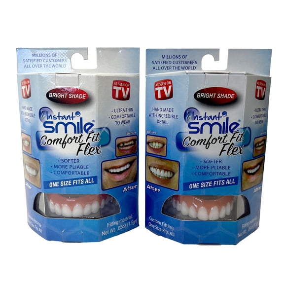 Instant Smile Flex 2pk - Bright White Shade - One Size Fits Most. Fix Your Smile at Home in Minutes! Comfortable Upper Cosmetic Veneer for A Perfect Smile!