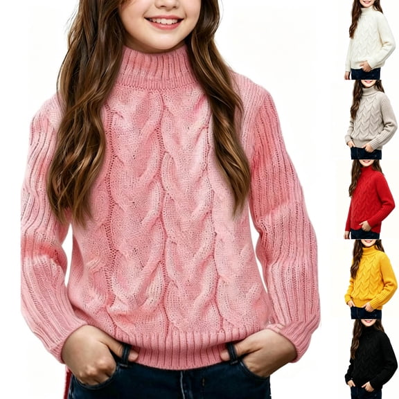 SGFCWSX Girls Sweater Turtleneck Cable Knit Chunky Long Sleeve Casual Winter Warm Soft Cozy Pullover Pink Size 7