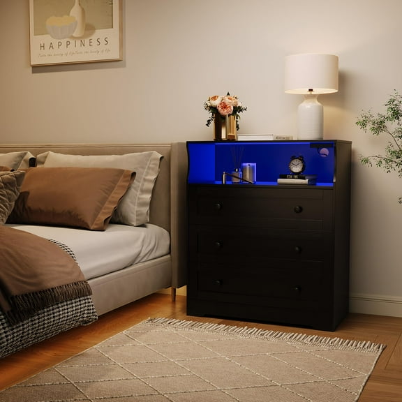 M optimized 3-Drawer Small Dresser with Charging Station & LED Lights, Modern Wooden Chest of Drawers for Bedroom, Closet, Living Room, and Hallway Storage Organization