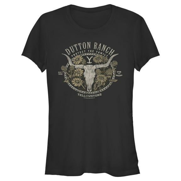 Junior's Yellowstone Cow Skull and Flowers Protect The Family Graphic T-Shirt