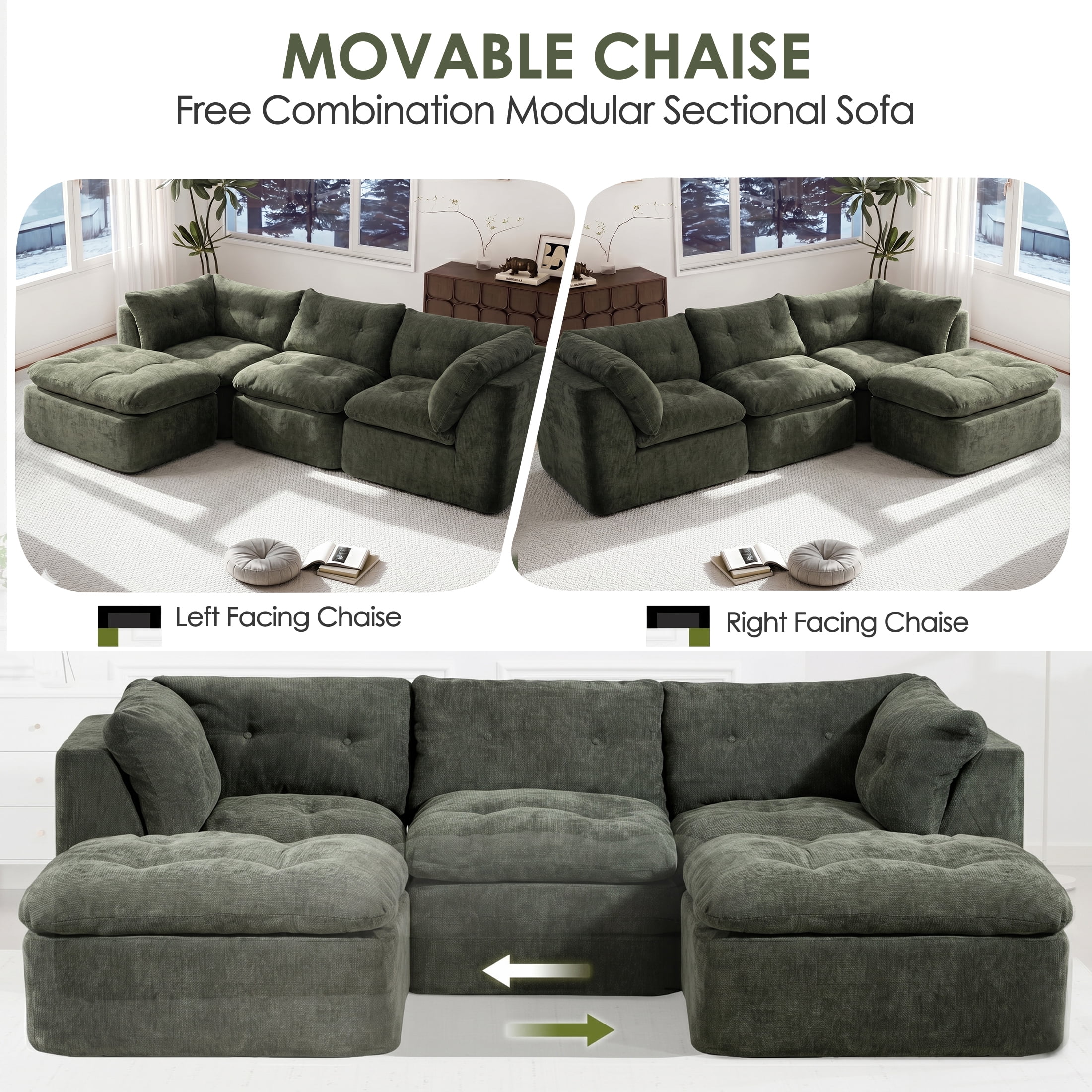 AISWORD Modular Sectional Sofa, Deep Seat Cloud Couch with Ottoman, 4-Seater Convertible L-Shaped Chenille Fabric Couch, Oversized Comfortable Frame-Free Set for Living Room, No Assembly, Green