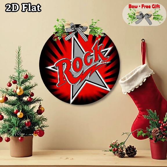 A round wooden sign with "Rock" and star logo. A beautiful Decorative Signs & Plaques for home, gift with a bow. 2D flat graphic. Size: 12 * 12 inches.