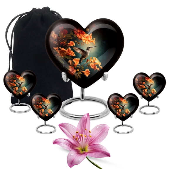 MUKTIVE Humming Bird Heart Urns for Human Ashes Adult Men - Set of 5 Blue Funeral Urns for Women - Cremation Urn for Adult Male for Funeral - Memorial Large Burial Urn (1 Large, 4 Keepsake)