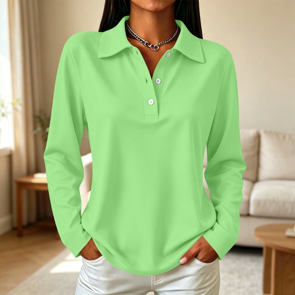 Womens Polo Shirts Long Sleeve Collared Button Vintage Cute Fall Tops Green L
