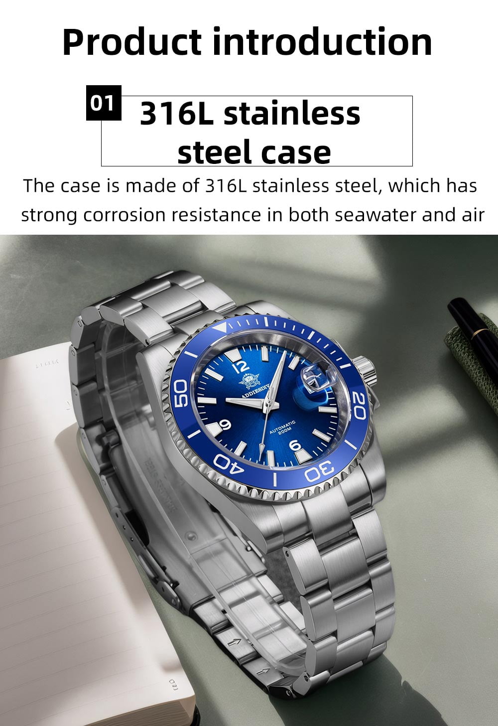 ADDIESDIVE Men's Automatic Diver Watch 200M Waterproof, Japanese Mechanical Movement, Sapphire Crystal & Ceramic Bezel, Super-LumiNova BGW9/C3, Stainless Steel Dive Watch