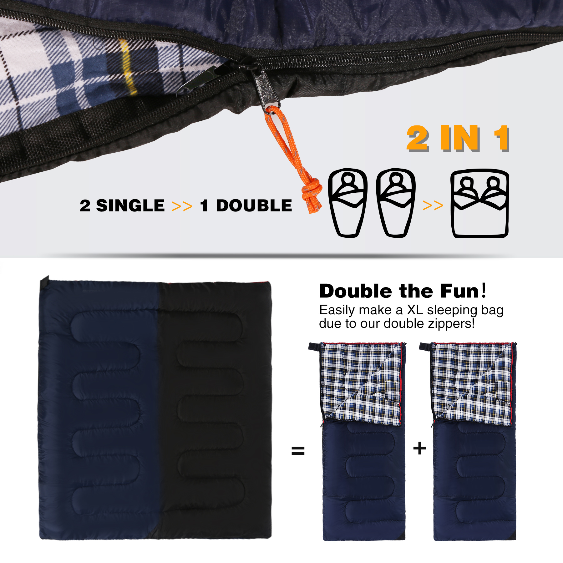 REDCAMP Cotton Flannel Sleeping Bags for Adults Warm/Cold Weather, 4 Season Waterproof Portable Sleep Bag for Camping w/ Compression Sack, Blue - image 2 of 8