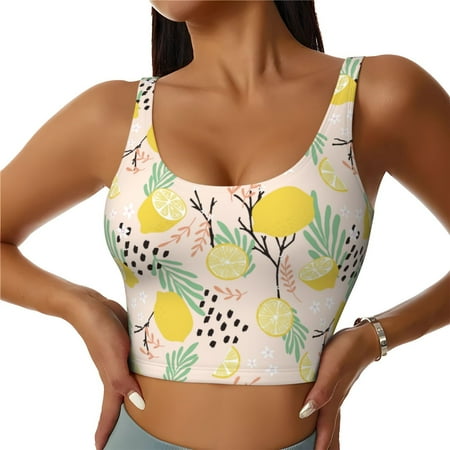 Jgfou Lemon Leaves Print Womens Sports Bra - Padded Workout Sports Bras Crop Tank Top