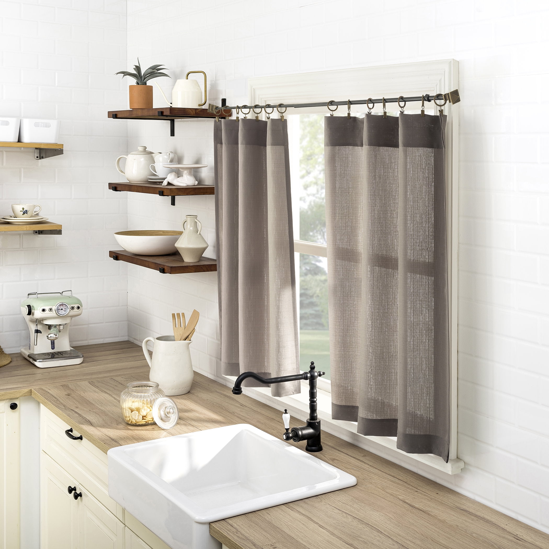 Mainstays 3-Piece Textured Semi Sheer Rod Pocket Kitchen Window Tier Pair and Valance, 2 Café Curtains and 1 Curtain Valance, Beige, 56"W x 36"L