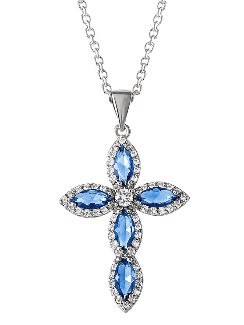 ポメころび◆宝石質✧スーパースイスブルートパーズチャーム✧14kgf Believe by Brilliance Silver Plated Cross Pendant and Stud Earring