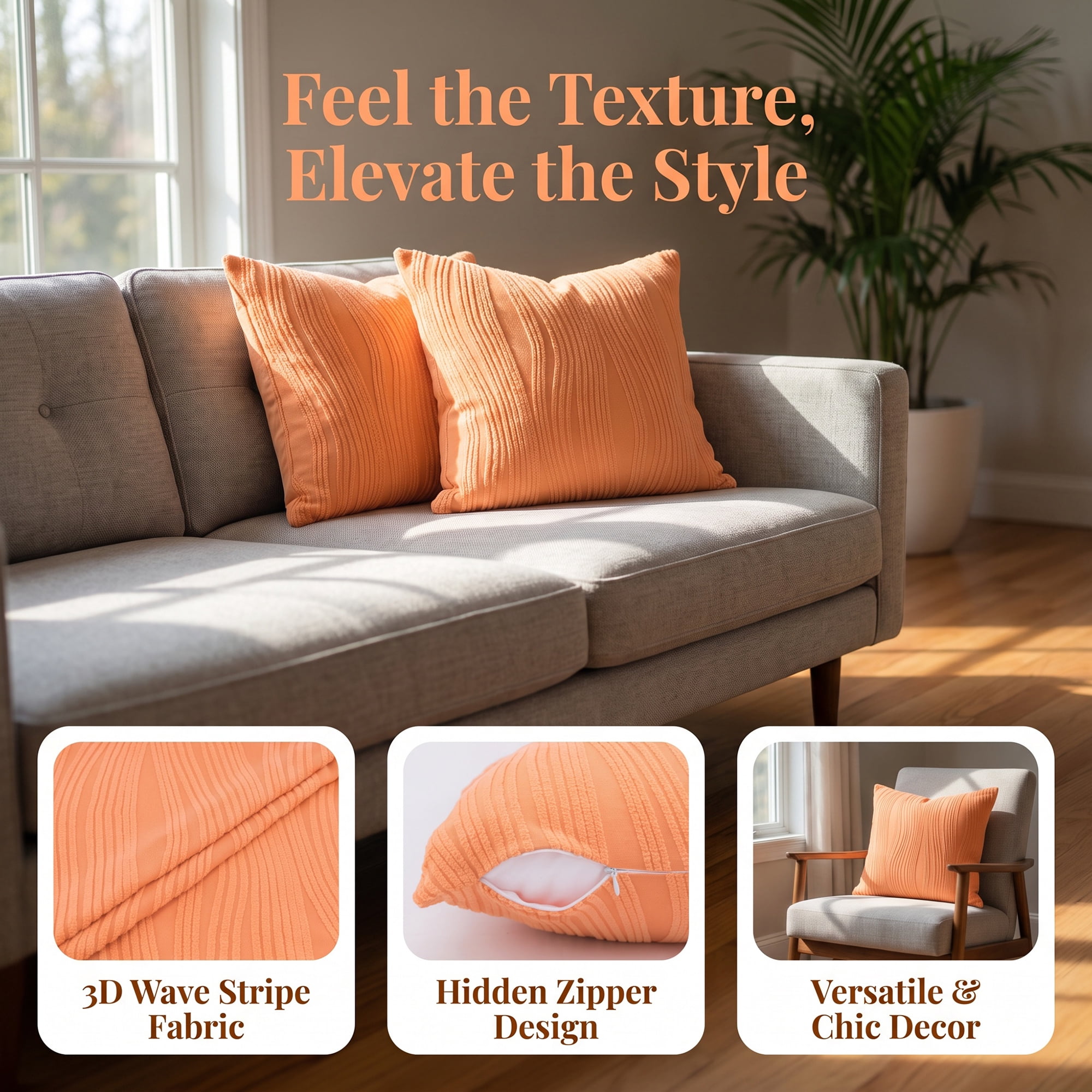 Unique Bargains 2Pcs Wave Textured Pillow Cover Jacquard Cushion Cases Orange 18"x18"