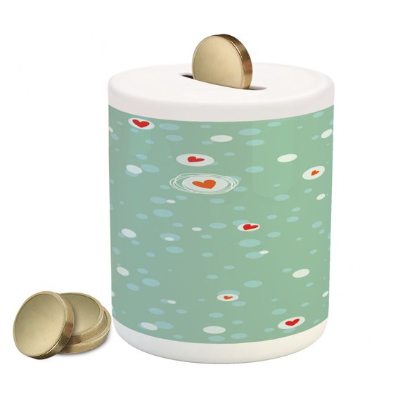 Aqua Piggy Bank, Sketchy Circles with Hearts and Abstract Dots with Turquoise Backdrop Image, Ceramic Coin Bank Money Box for Cash Saving, 3.6" X 3.2", Seafoam Orange White, by Ambesonne