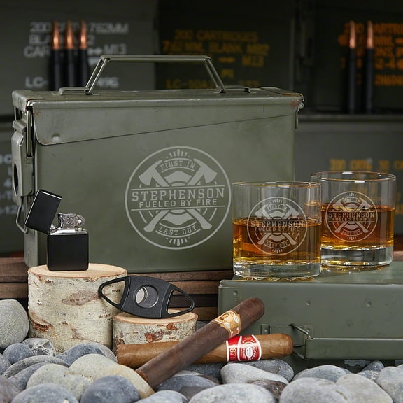 Firefighter Brotherhood All The Vices Customized Ammo Can and Whiskey Glasses Gift Set