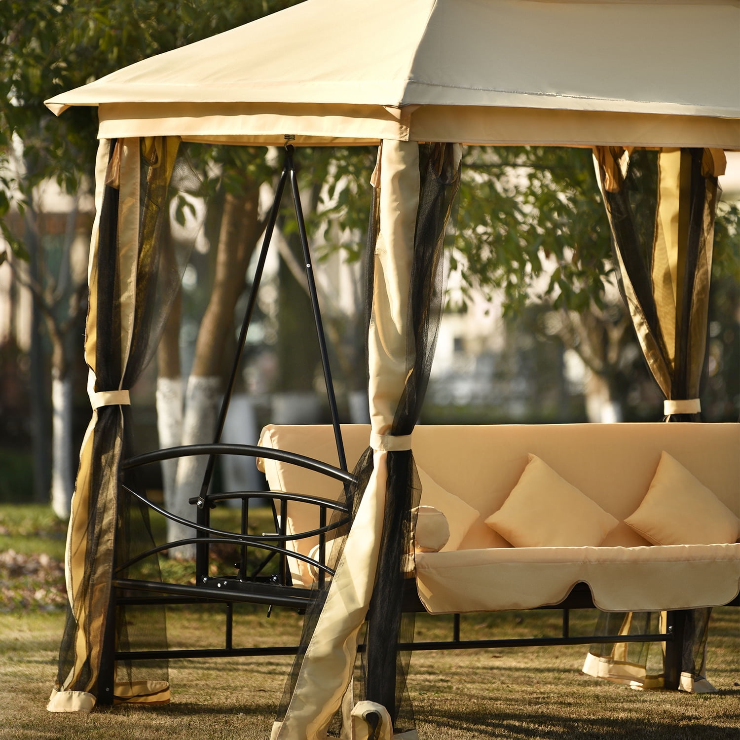 Kepooman Outdoor Gazebo Tent, Double Roof Soft Canopy Garden Gazebo with Convertible Swing Bench and Mosquito Netting Suitable, Gazebo for Lawn, Garden, Backyard, khaki Kepooman Outdoor Gazebo Tent, Double Roof Soft Canopy Garden Gazebo with Convertible Swing Bench and Mosquito Netting Suitable, Gazebo for Lawn, Garden, Backyard, khaki