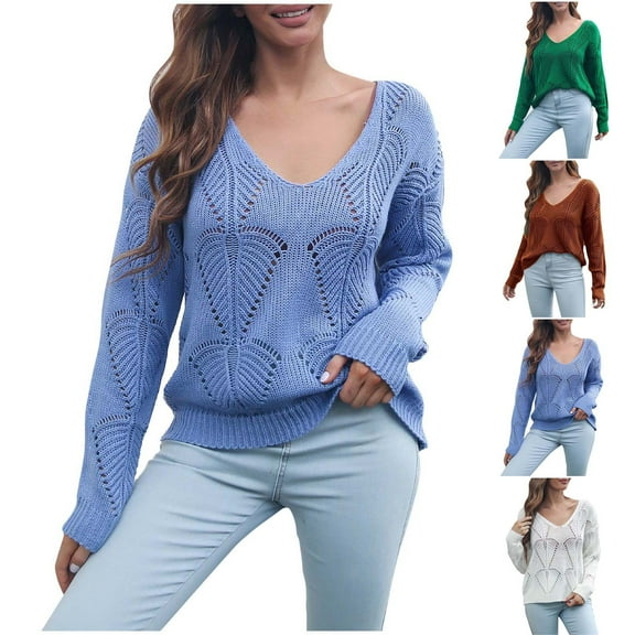 Ashirexll Pullover Sweaters for Women Winter Sweaters Fashion Solid Color Long Sleeve Hollow V-Neck Casual Fall Knitted Sweater Tops