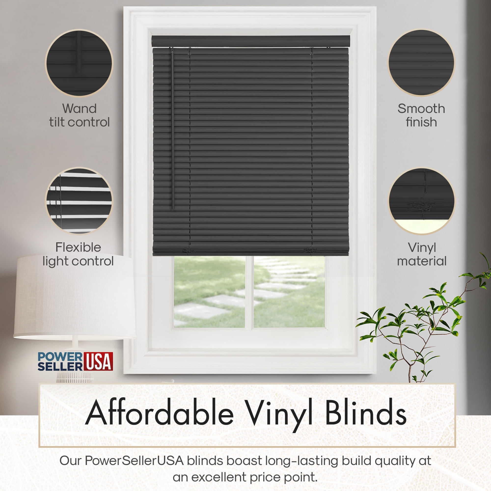 PowerSellerUSA 1" Slats Cordless Window Blinds, 48L x 34W Inches Solid Pattern Light Filtering Vinyl Indoor-Outside Ceiling Mount Mini Blind, Manual Cordless Rollup Window Privacy Blinds, Black
