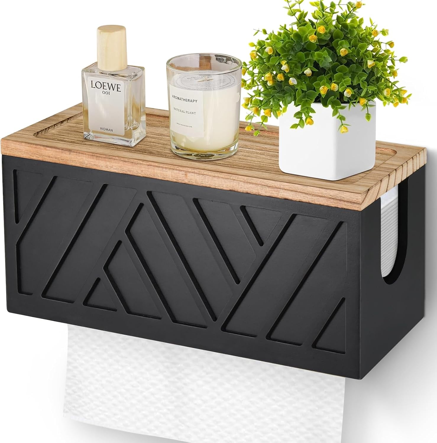 Cnshop Wall-Mounted Paper Towel Dispenser with Solid Wood Top, C-Fold/Trifold Towel Holder with Lid for Bathroom