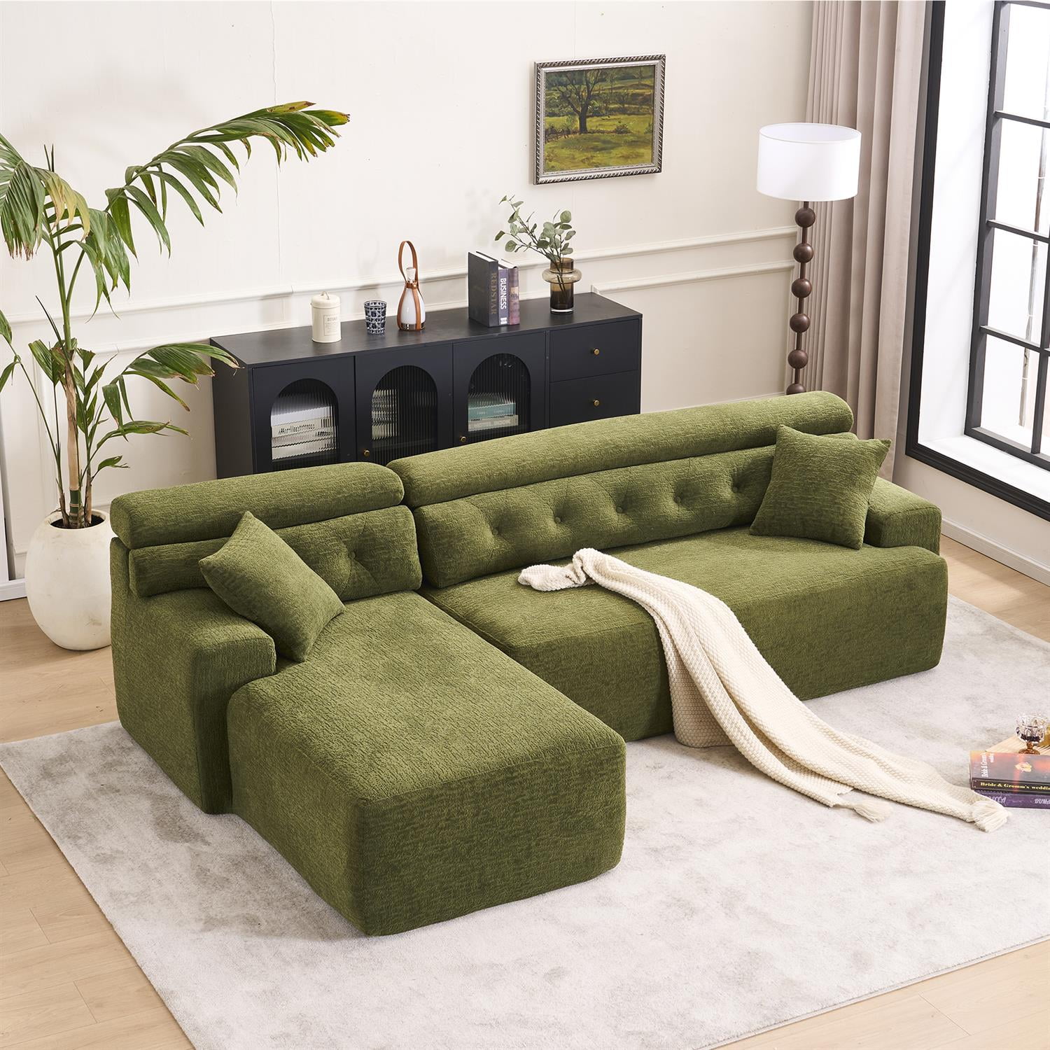 Demi Bonn 105" Modern L-Shaped Sectional Sofa, 3-Seater Couch with Chaise Lounge, 2 Accent Pillows, Wood Grain Chenille Fabric for Living Rooms, Green