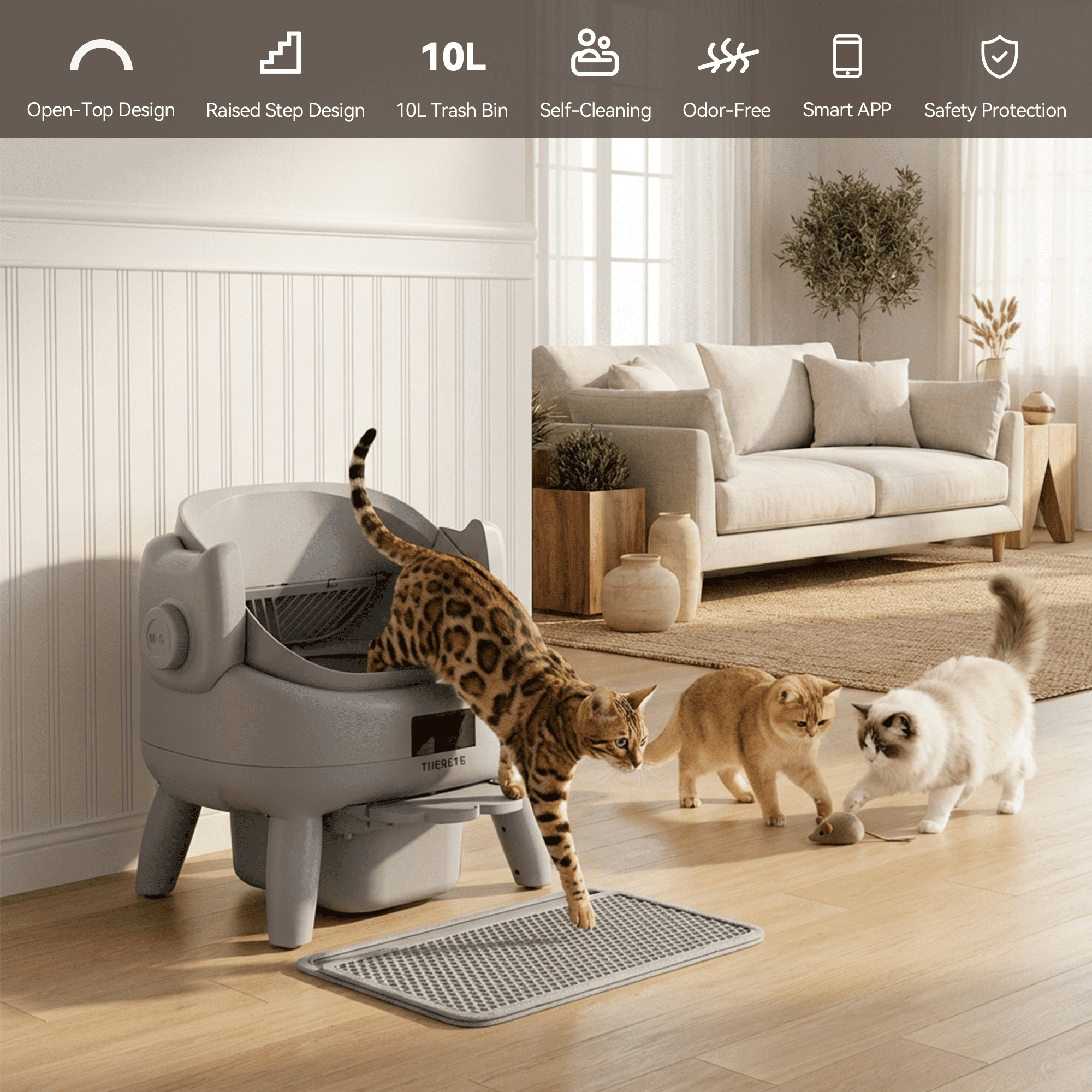 Osoeri Self-Cleaning Cat Litter Box,Open-Top Large Automatic Litter Box for Multiple Cats,App Control,Integrated Safety Protection,Odor-Free,with Trash Bags,Waterproof Mat and Litter Mat,Gray
