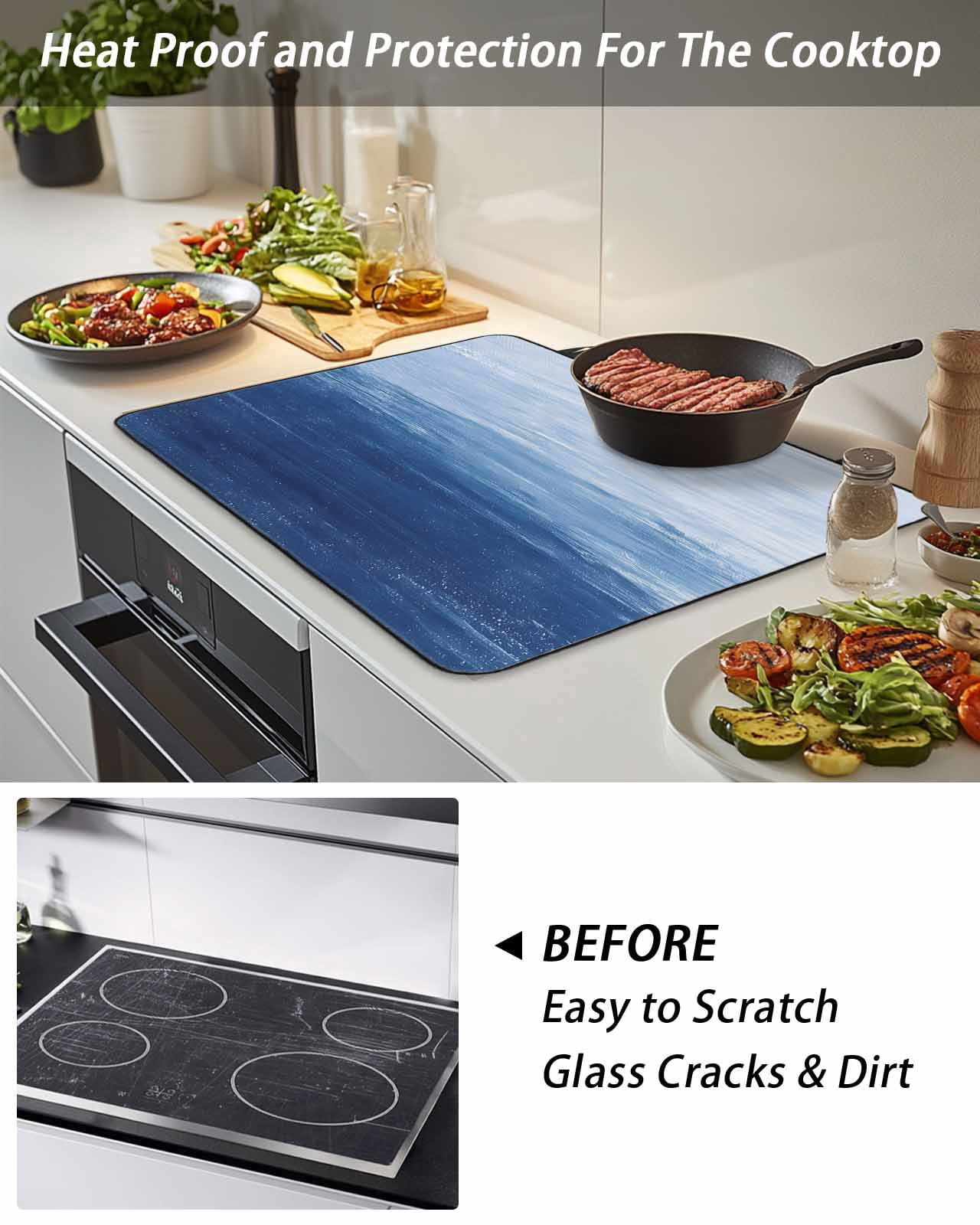 Stove Top Covers for Electric Stove, Navy Blue Ombre Glass Stovetop Cover Protector, Modern Abstract Art Ocean Oil Painting Induction Cooktop Protector Oven Mat for Kitchen Countertop 28.5"x20.5"