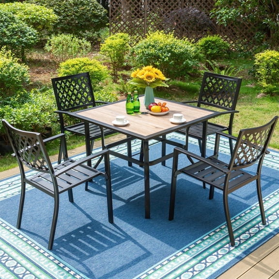 MF Studio 5-Piece Patio Dining Set with All Weather Outdoor Stacking Chairs & Faux Wood Table, Black