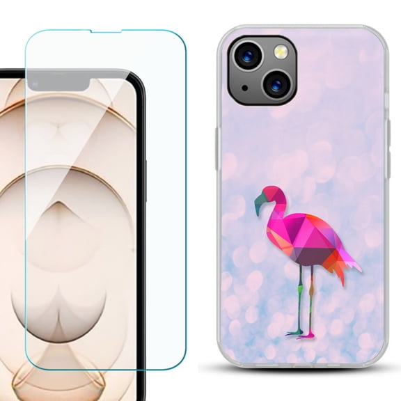 Slim-Fit Flexible TPU Gel Phone Case for iPhone 13, with Tempered Glass Screen Protector, by OneToughShield ® - Flamingo / Polygon