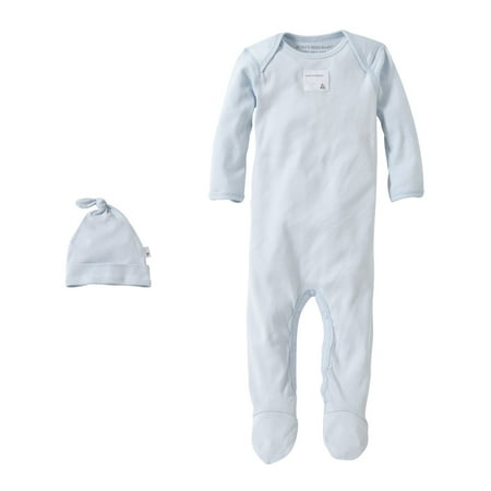 Burt's Bees Baby Organic Solid Footed Coverall + Knot Top Hat Set, 6M, Sky