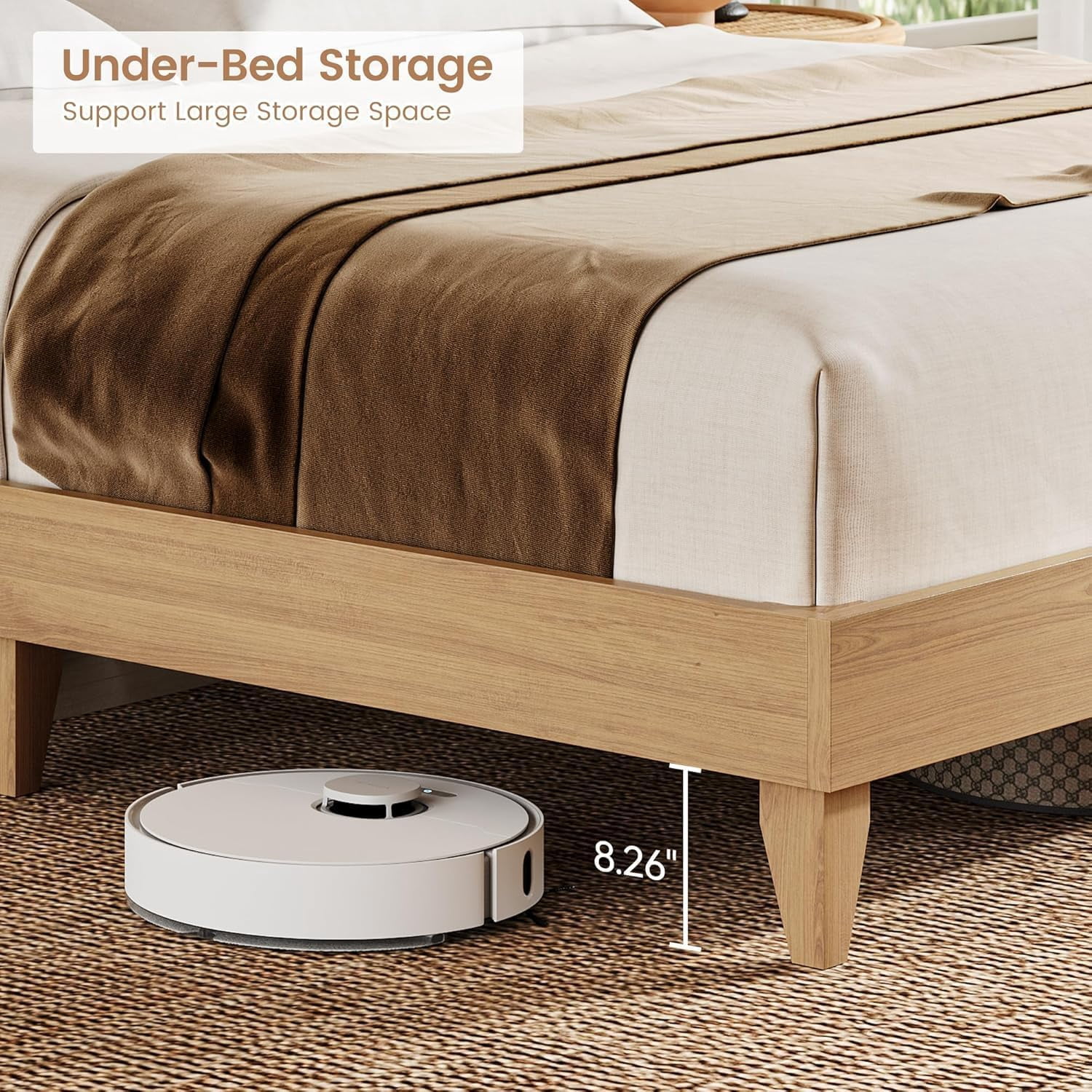 Shininglove King Size Rattan Bed Frame with Storage – Boho-Chic Bedroom Furniture with Sliding Door Shelf, Solid Wood Slats, & No Box Spring Needed – Easy Assembly Natural Oak