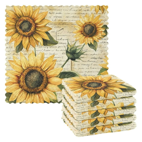 6PCS Dish Towels and Dish Cloths Reuseable Dishcloths Sets for Washing Dishes, Cooking, Baking Size 11" x 11" Vintage Sunflowers