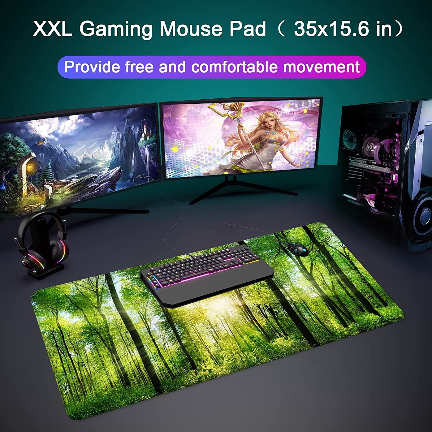 Desk Mat,Large Mouse Pad 35''×15.6'' XXL Extended Gaming Mouse Pad Mat with Non-Slip Base Stitched Eges Mousepad for Computer,Office,Keyboard and Laptop - Green Forest