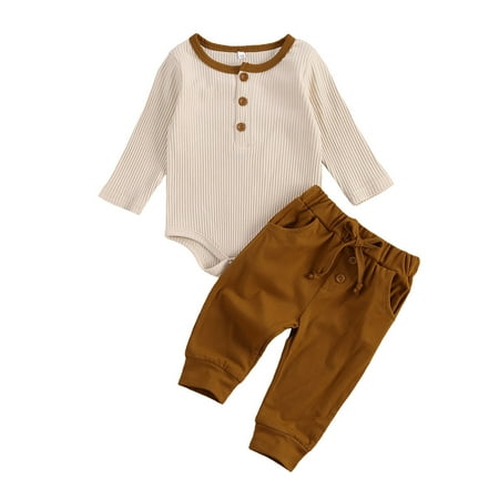 

Mioliknya Solid Newborn Baby Boy Girl Outfit Ribbed Button Tops Cute Unisex Infants Pants Clothes Set