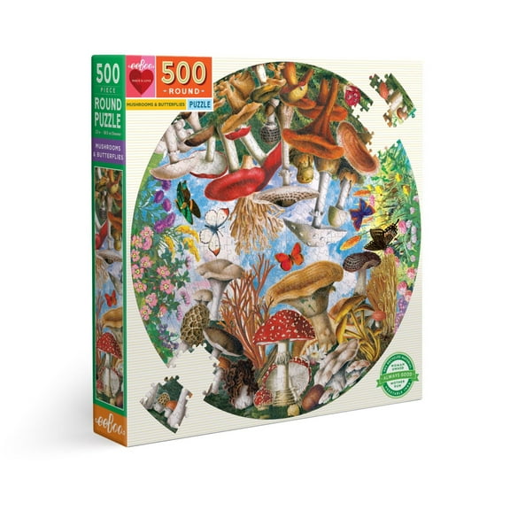 eeBoo Piece and Love Mushrooms and Butterflies 500 Piece Round Circle Jigsaw Puzzle