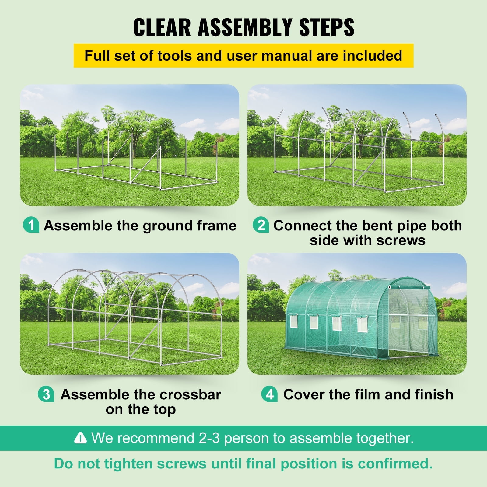 KFFKFF Walk-in Tunnel Greenhouse, 15 x 7 x 7 ft Portable Plant Hot House w/ Galvanized Steel Hoops,Diagonal Poles, Zippered Door & 8 Roll-up Windows, 1 Top Beam, Green