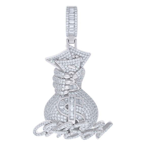 925 Sterling Silver Mens Baguette Round Cubic-Zirconia Money Bag Currency Fashion Charm Pendant