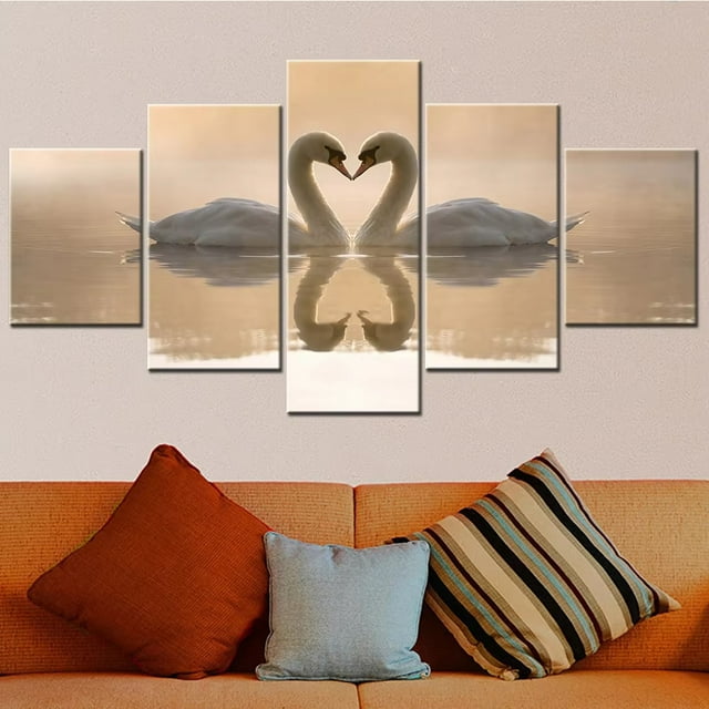5pcs Couple Swans Wall Paintings Animals Landscape Modular Paintings Wall Decor Swans Home Decor No Frame, unframed.,M