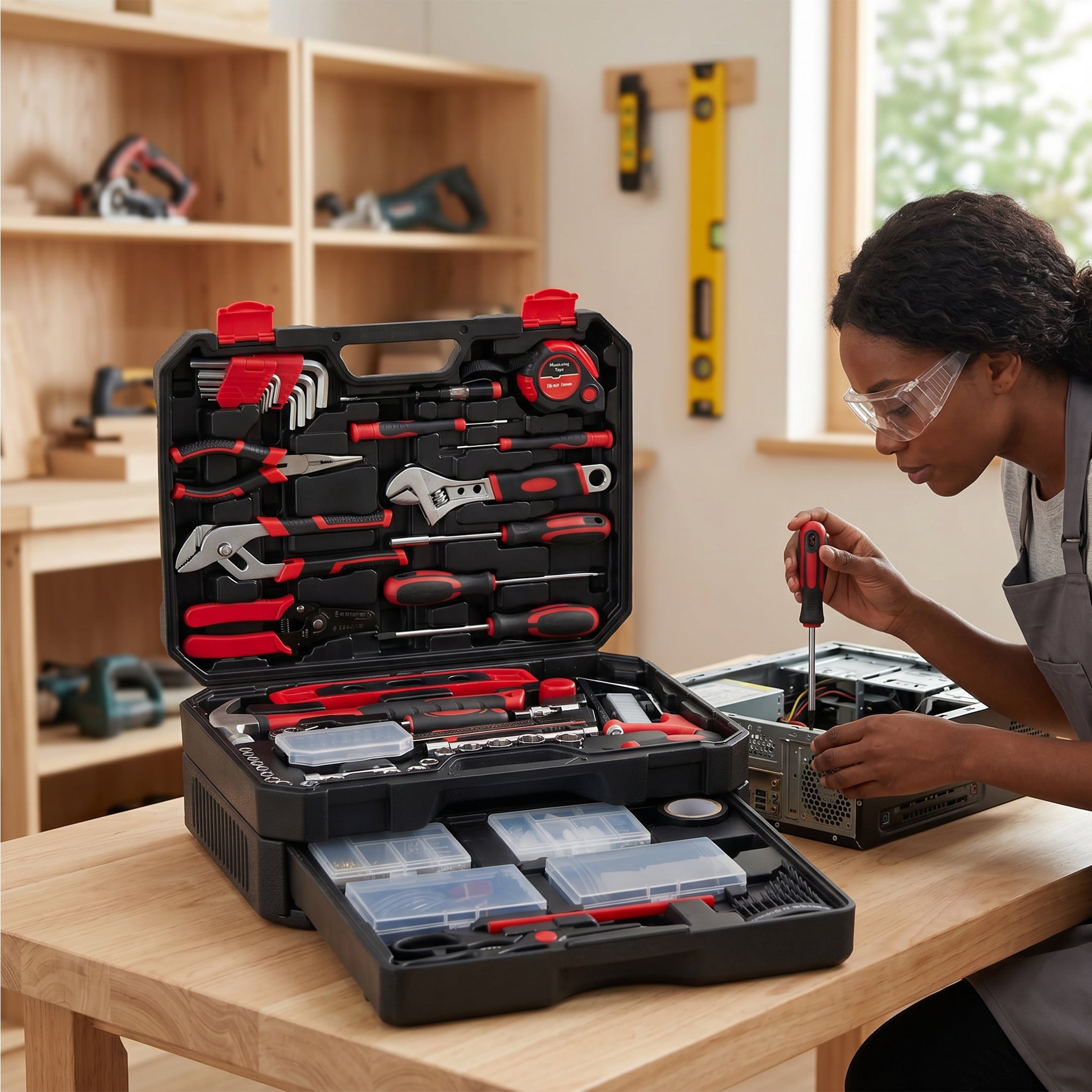 EDX 330-Piece Household Tool Set, Universal Home and Auto Repair Tool Kit with Drawer Toolbox Storage, Black and Red