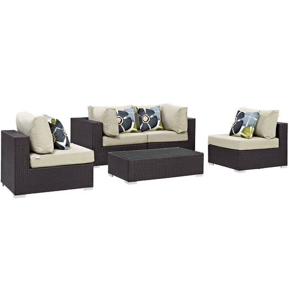 Modern Contemporary Urban Design Outdoor Patio Balcony Five PCS Sectional Sofa Set, Beige, Rattan