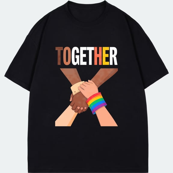 Together T Shirt Black Multicolor Hands Holding Rainbow Pride Design For Unity And Diversity Events