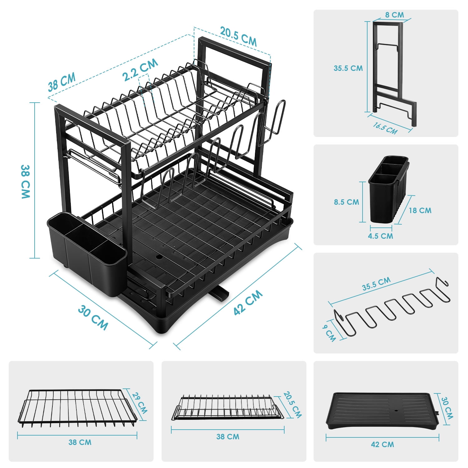 Stelive 2-Tier Dish Drying Rack Dish Drainer Dish/Cup/Cutting Board Cutlery Holder Dish Drainer Rack Multifunctional Storage Rack w/Drainboard & 360° Telescopic Drain Pipe for Kitchen (Black)