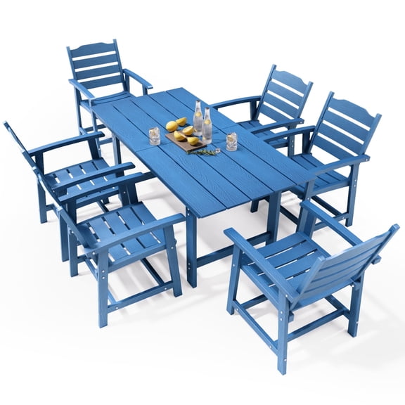 Patio Dining Set, Asofer Outdoor Dining Set for 6 with Umbrella Hole, Waterproof HIPS Faux Wood Adjustable Legs Dining Set for Garden Backyard Lawn, Blue
