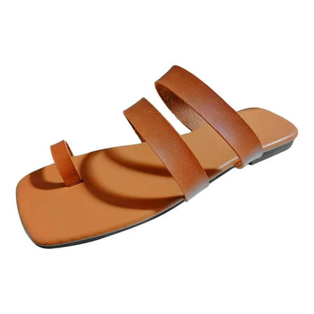 

Ladies Fashion Roman Style Solid Leather Cover Toe Flat Bottom Beach Slippers