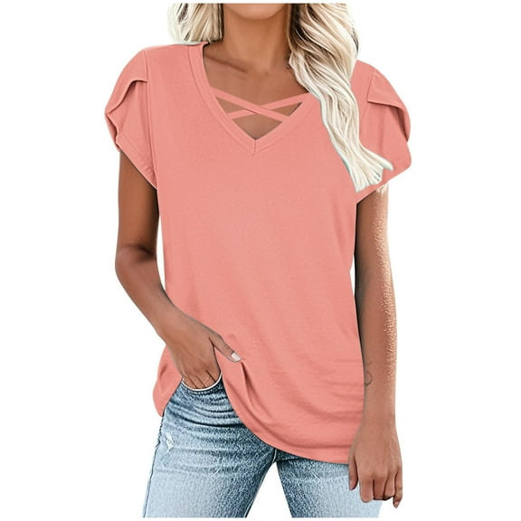 Staron Women's Casual Tops V-Neck 3/4 Sleeve Loose Blouse Shirt Basic Comfy Relaxed Fashion Tee, Pink 3XL