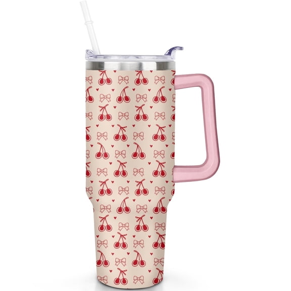 40 oz Cherrys Tumbler, Spill-Proof Lid & Handle 40oz Cherrys Theme Tumbler, Straw Double Wall Insulated Cherrys Lover Gifts