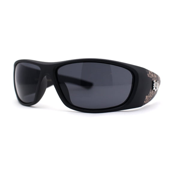 Locs Wrap Around Rectangle Thick Arm Gangster Skull Print Sunglasses Brown