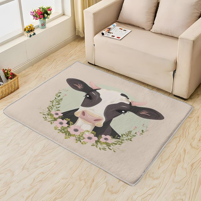 Cute Cow Printed Bedroom Rug,5x6 Area Rugs, Cartoon Cow Carpet Decorations, Cow Animal Kids Rugs for Living Room, Non-Slip Padded Washable Low Pile Cozy Easy Clean Pet Friendly Rugs 17&-147