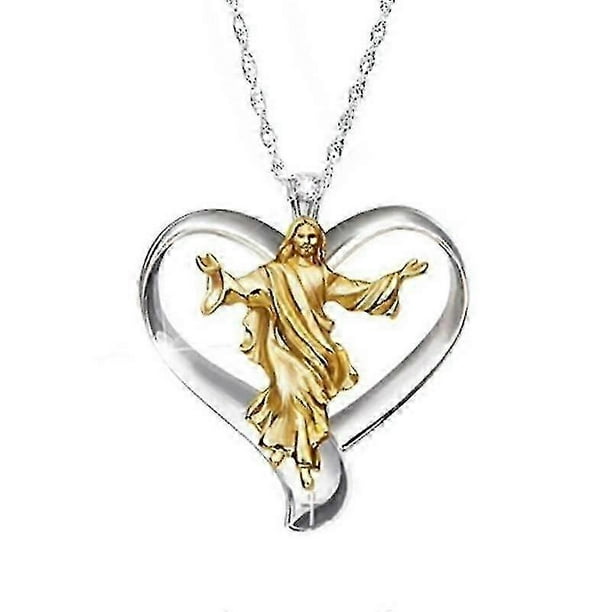 14krgp Cross Jesus White & Gold Heart Pendant Women Jewelry Pendant Necklace Silver Chain