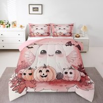 Manfei Pink Lovely Ghost Queen Comforter Set,Girls Halloween Bedding Sets,Rustic Pumpkin Bedding Comforter Set For Girl Kids,Super Cozy Room Decor Reversible,3 Pieces