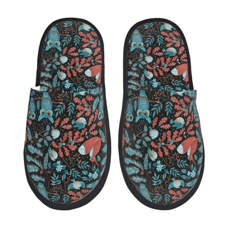Balery Squirrel Owl Autumn Maple Leaves Slient Indoor Furry Fleece Comfort House Shoes Soft Non-Slip Home Shoes Cotton slippers House Slippers-- Large