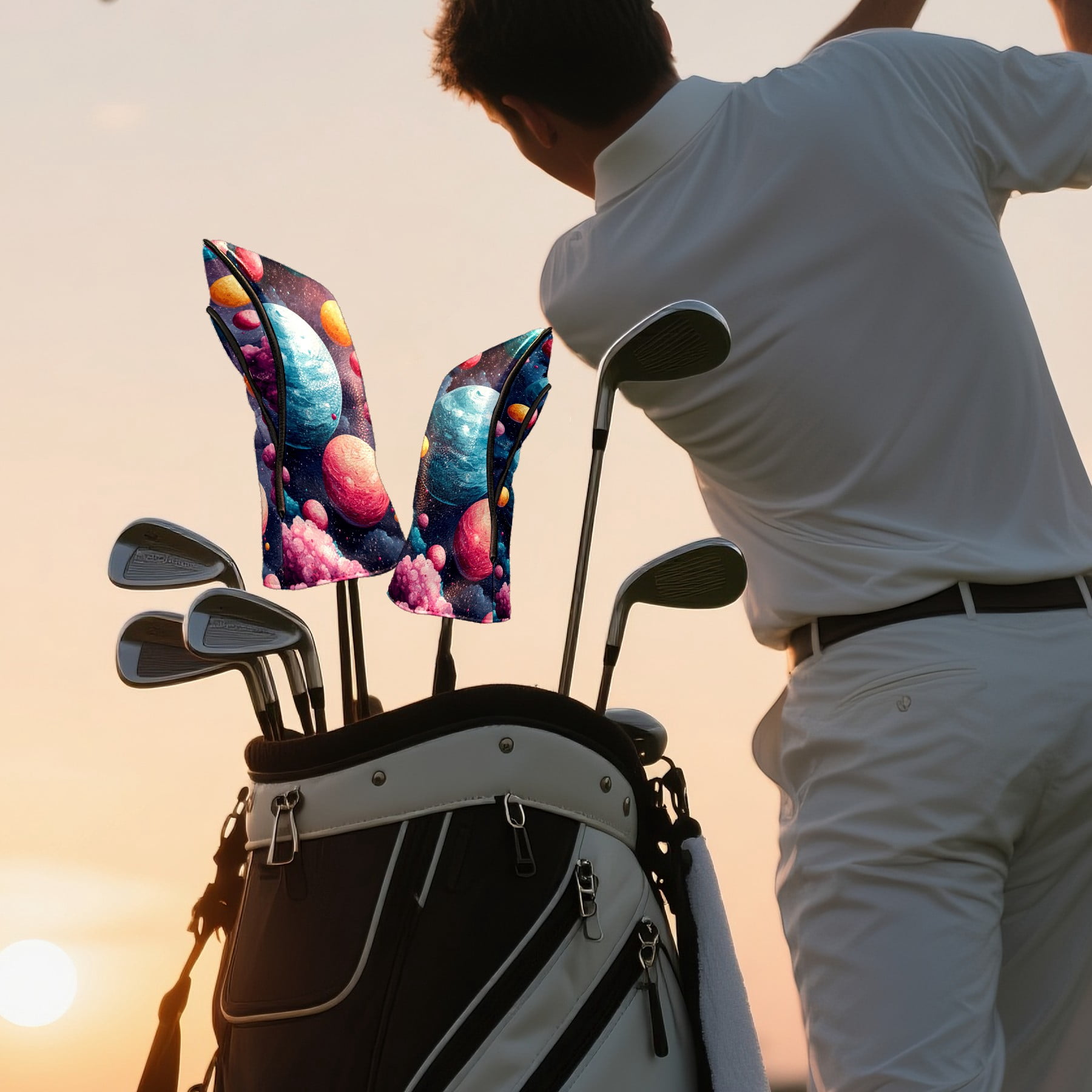 Golf Club Covers PU Leather Waterproof Head Covers for Fairway Woods Hybrids Colorful Planet Unisex Fits Most Brands